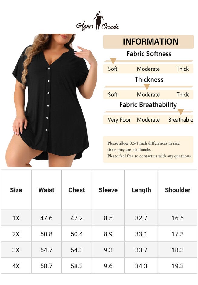 Short Sleeve V Neck Button Down Pajamas Dress, Black / Black, alternate image number 2