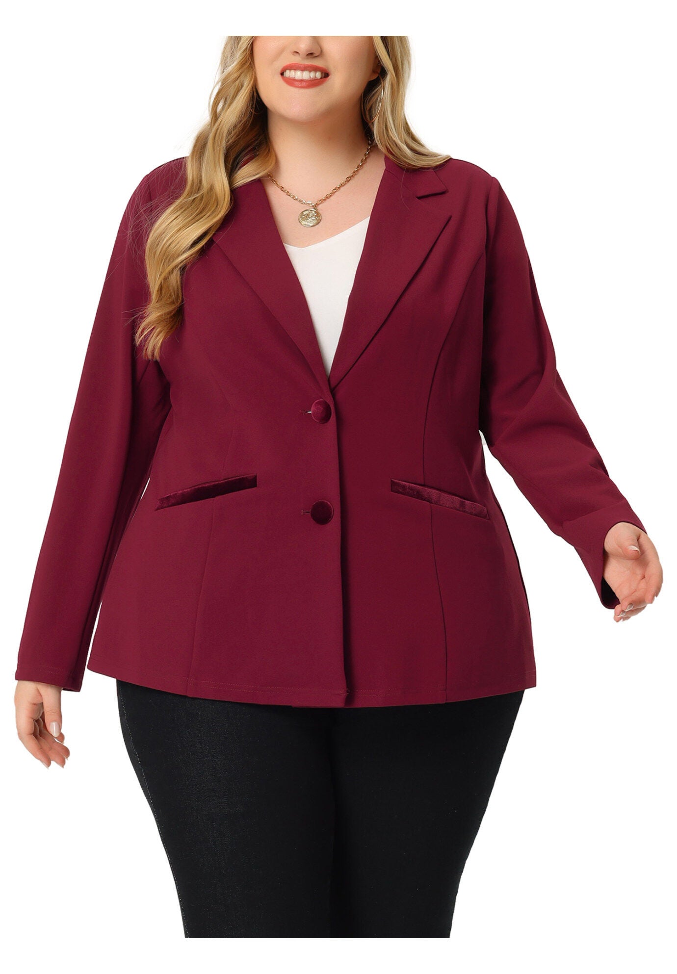 NOTCHED LAPEL V NECK WORK SUIT BLAZER, Burgundy / Red, alternate image number 1