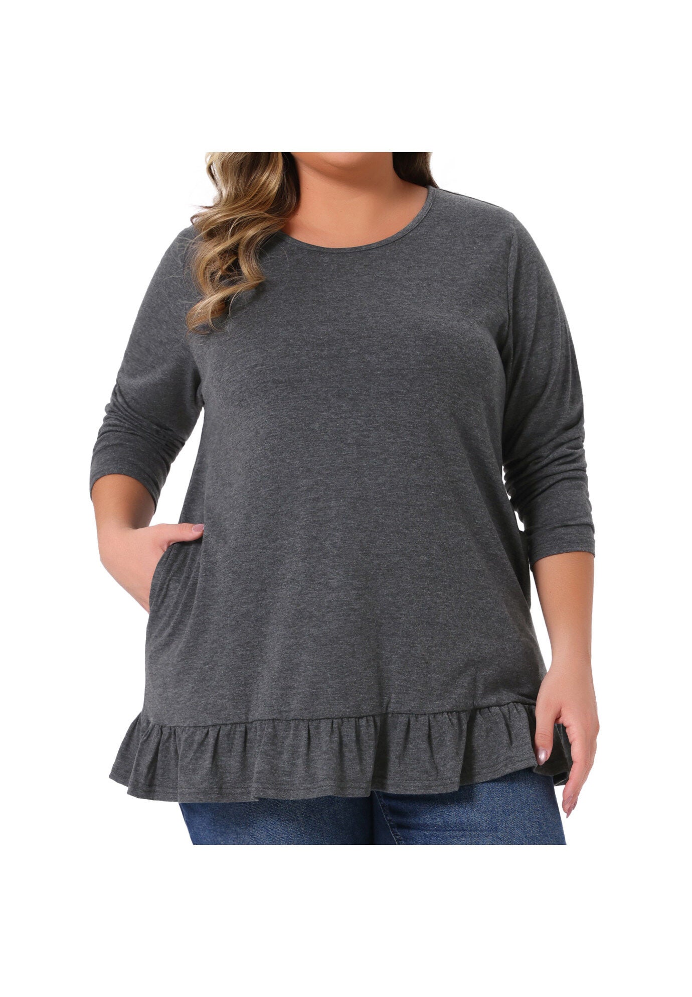 Crew Neck Ruffled Hem Flowy Blouses with Pockets, Dark Gray / Charcoal Grey, alternate image number 1