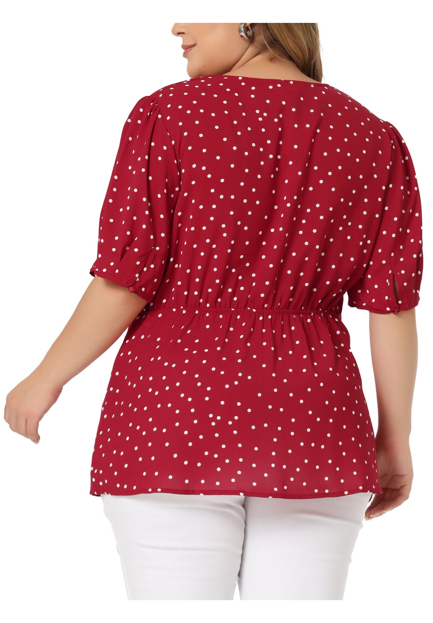 Summer V Neck Wrap Short Sleeve Polka Dots Peplum Top, Red / Red, alternate image number 1