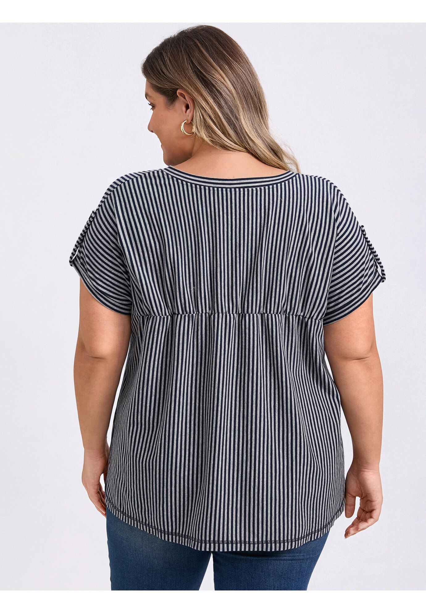 V Neck Short Sleeve Vertical Stripe Drop Shoulder Knit Blouse, Blue Gray / Cool Gray, alternate image number 1