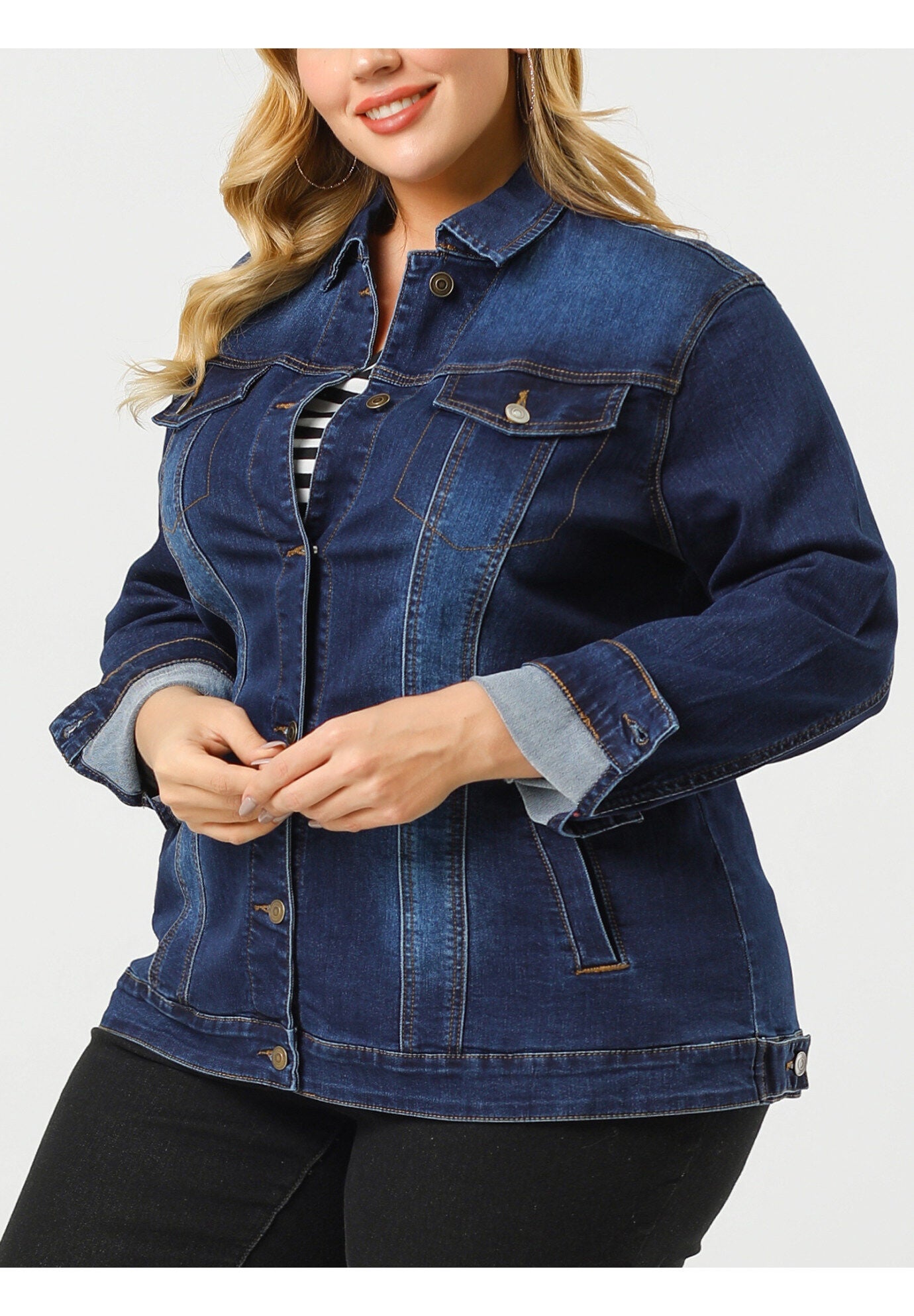 STITCHING BUTTON FRONT WASHED DENIM JACKET, Dark Blue / Navy, alternate image number 1