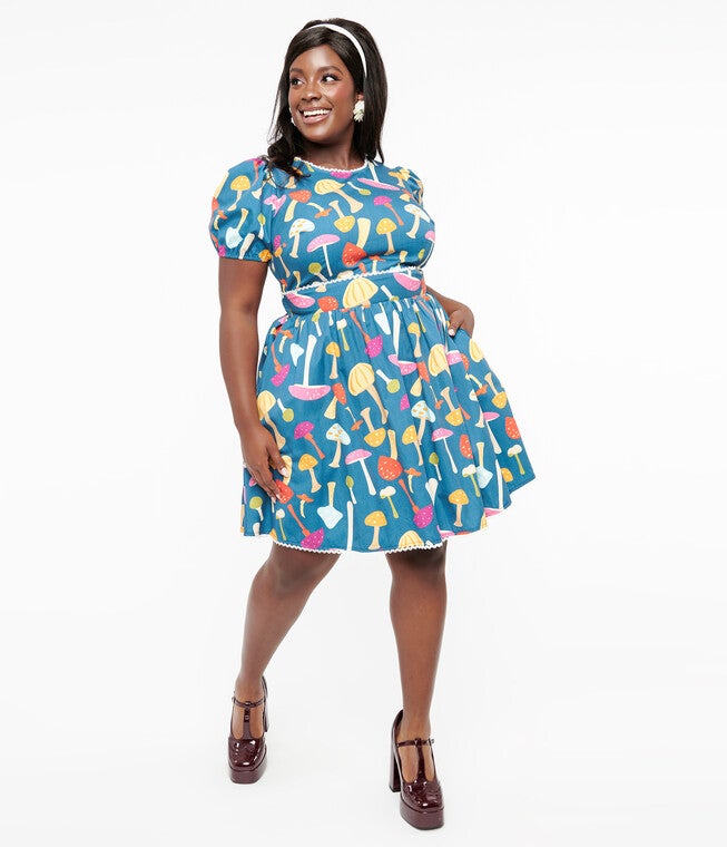 Smak Parlour 1960s Navy & Rainbow Mushroom Open Back Flare Dress, Navy Rainbow Mushroom / Navy, hi-res image number 0