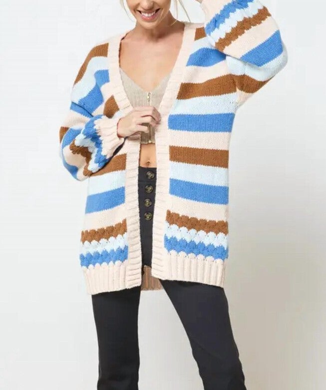 MULTICOLOR STRIPED OPEN-FRONT CARDIGAN IN BLUE/CREAM/BROWN/LIGHT BLUE, BlueCreamBrownLight Blue / Brown, hi-res image number 0