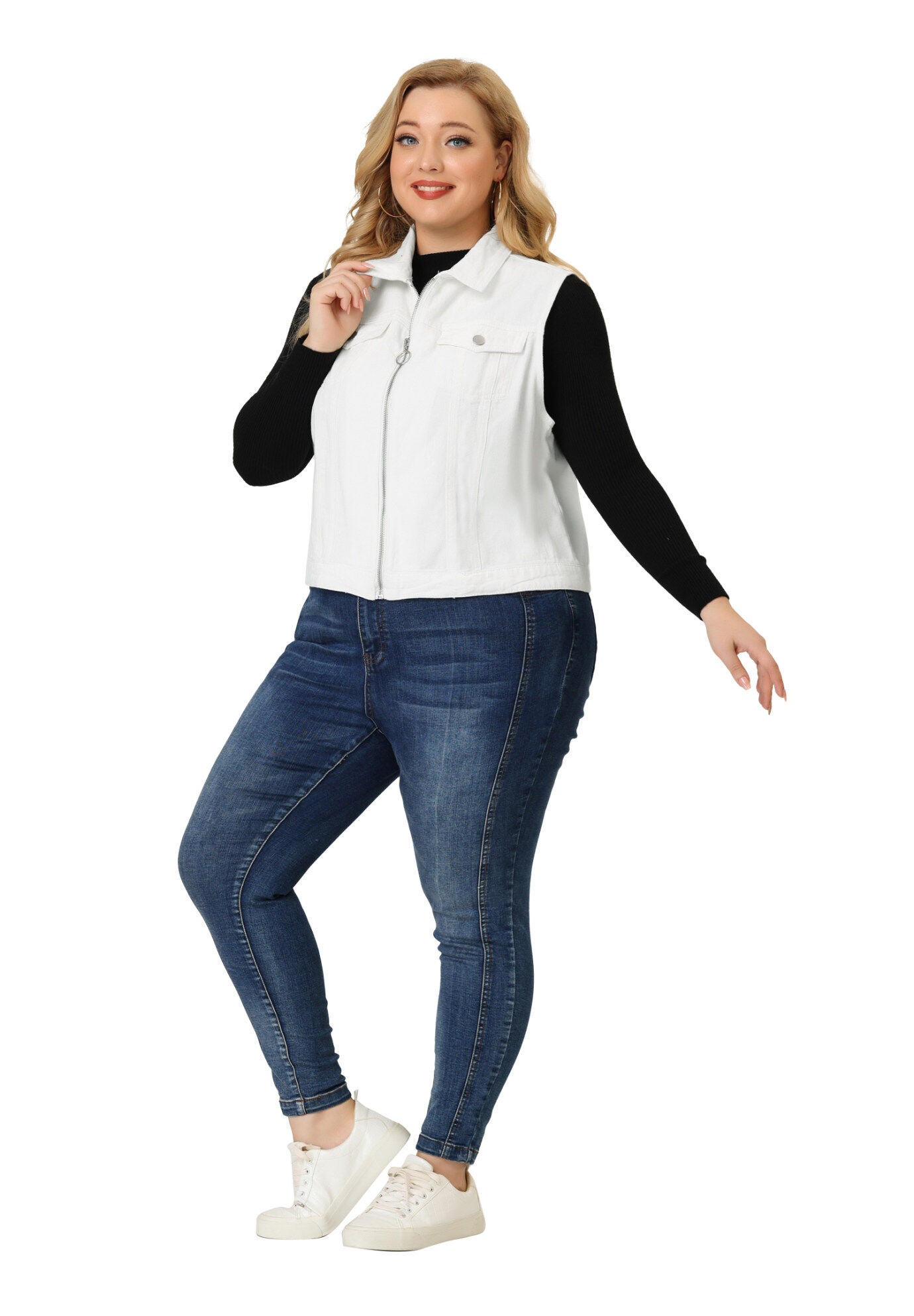 DENIM SLEEVELESS ZIP UP BUTTON DOWN JEANS JACKET VEST, White / White, hi-res image number 0