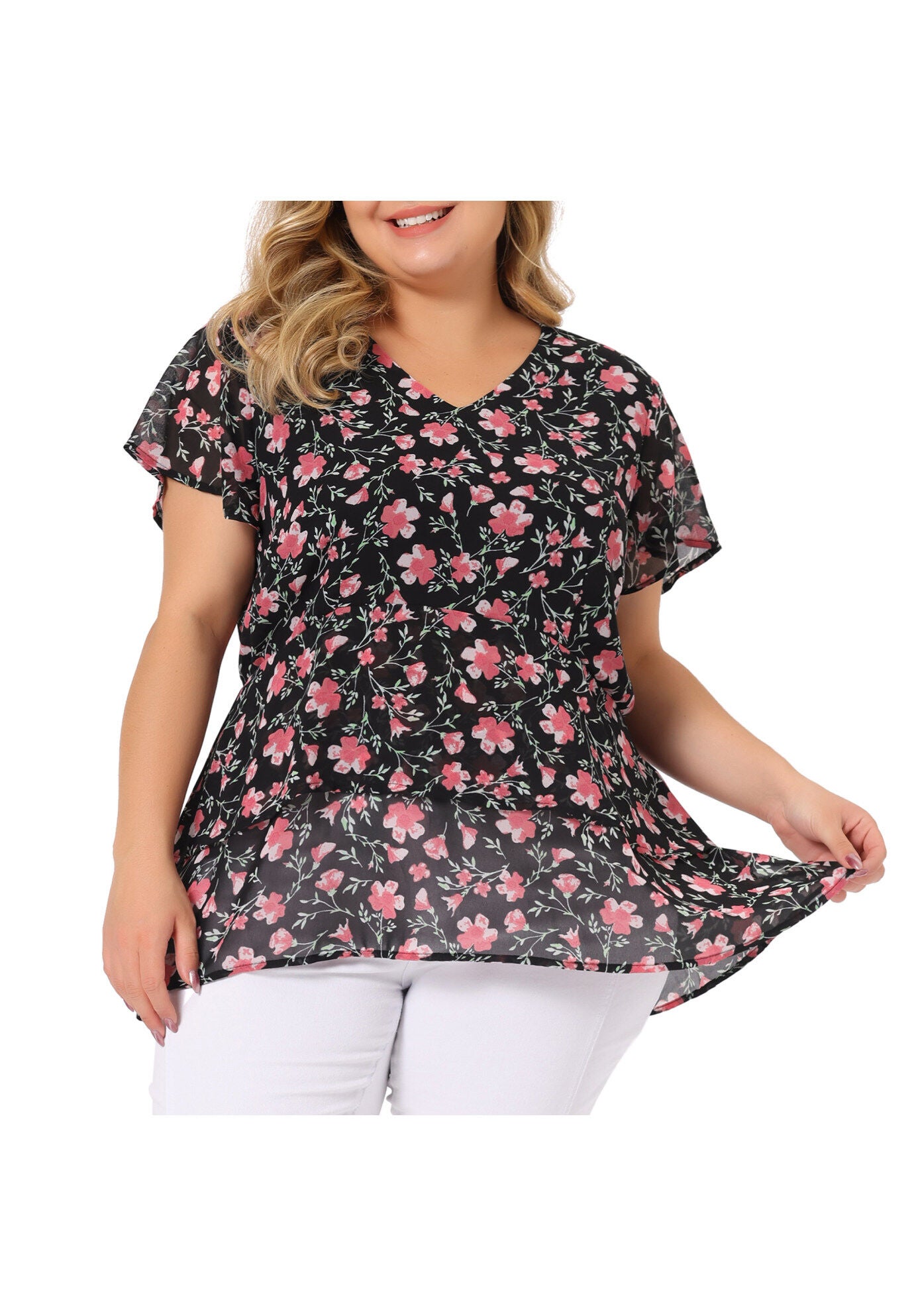 Short Sleeve Layered Casual Floral Blouse Summer Top, Black / Black, alternate image number 2