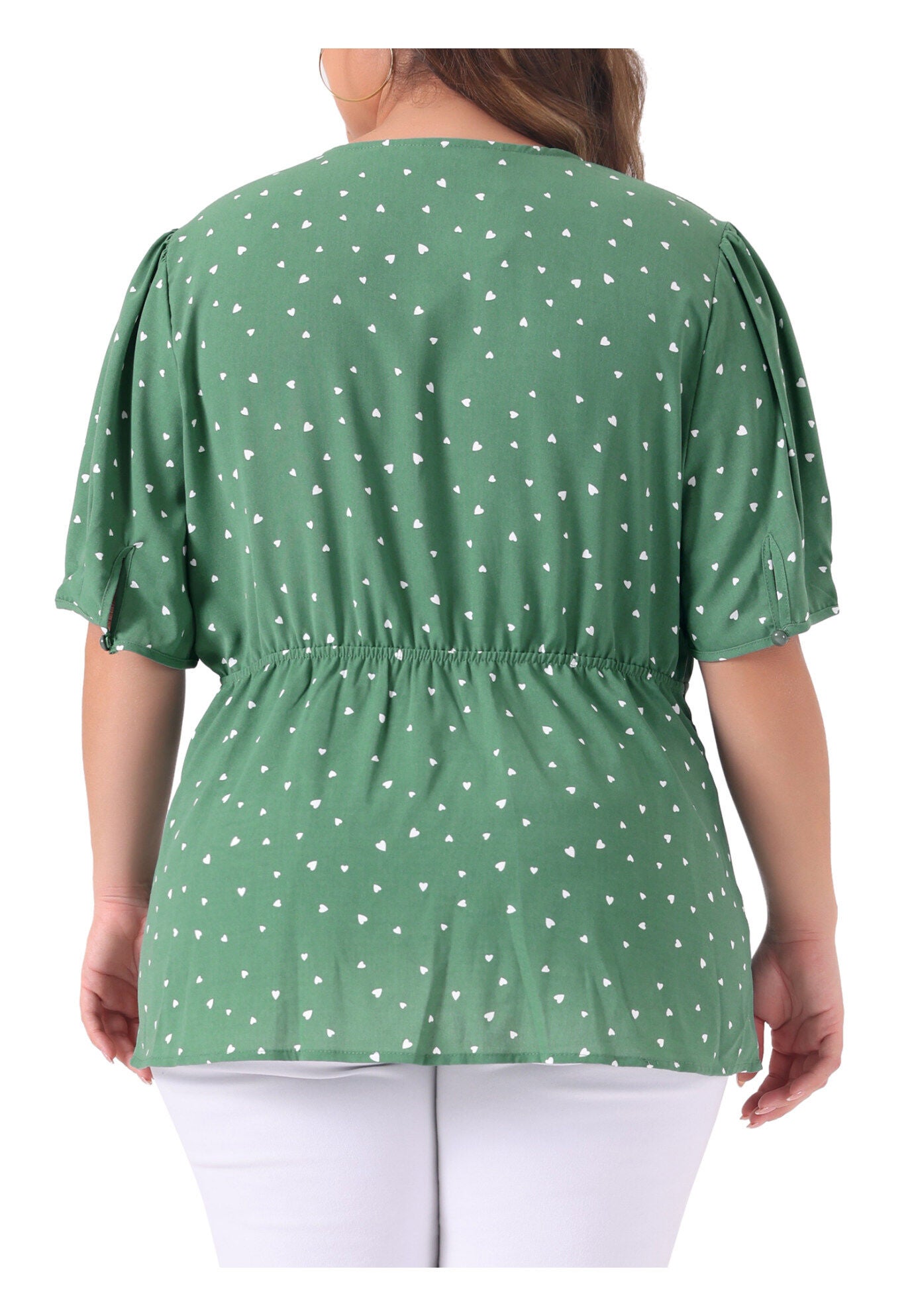 Summer V Neck Wrap Short Sleeve Polka Dots Peplum Top, Green / Sage Green, alternate image number 3