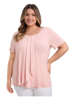 Short Sleeve Pleated Tulip Asymmetry Hem Overlaid Ruffle  Top