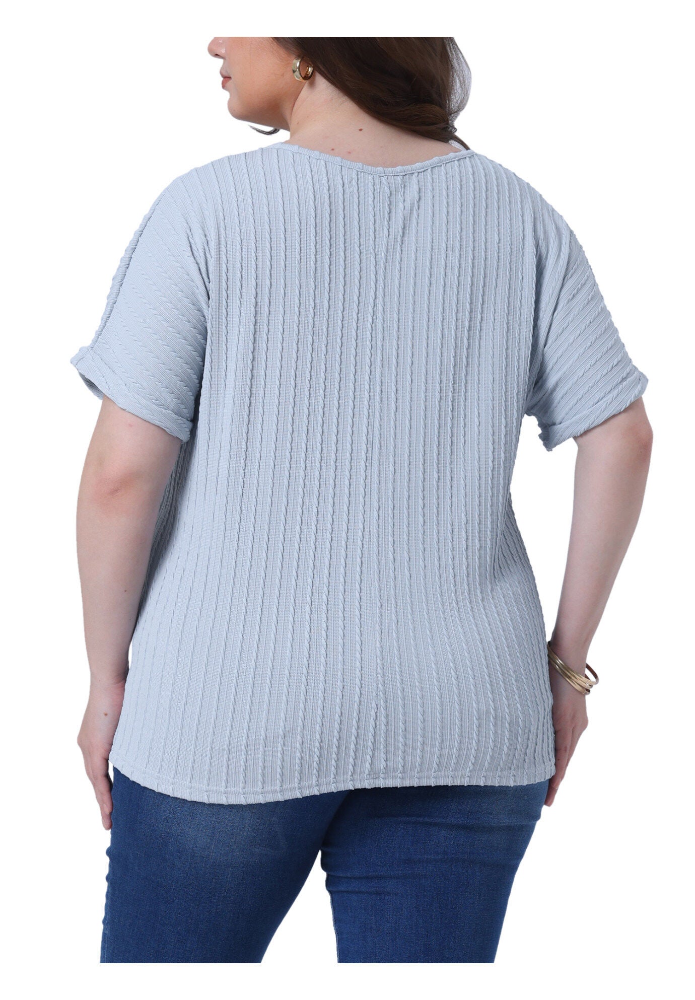Textured Rolled Short Sleeve Crew Neck T-Shirts Blouses, Light Blue / Light Blue, alternate image number 3