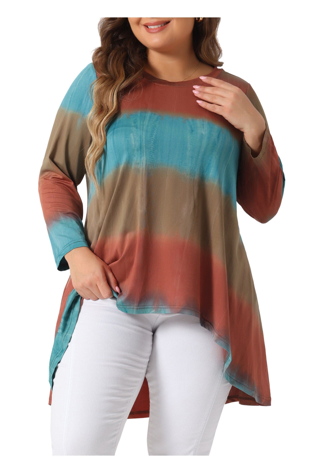 Tie Dye Crew Neck 3/4 Sleeve High Low Tunic Top Tee Shirt, Orange / Orange, alternate image number 2