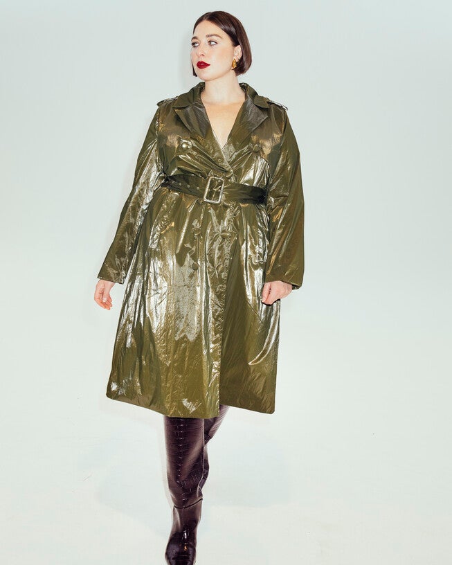The Drew Metallic Trench Coat, Green / Forest Green, alternate image number null