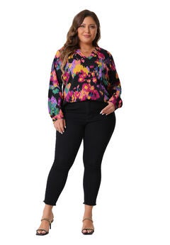 Abstract Print V Neck Long Sleeve Top Loose Blouse Shirt