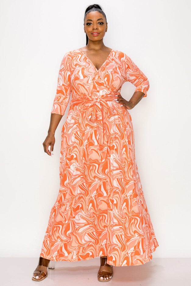 HAYDEN MARBLE WRAP DRESS, Coral / Orange, hi-res image number null
