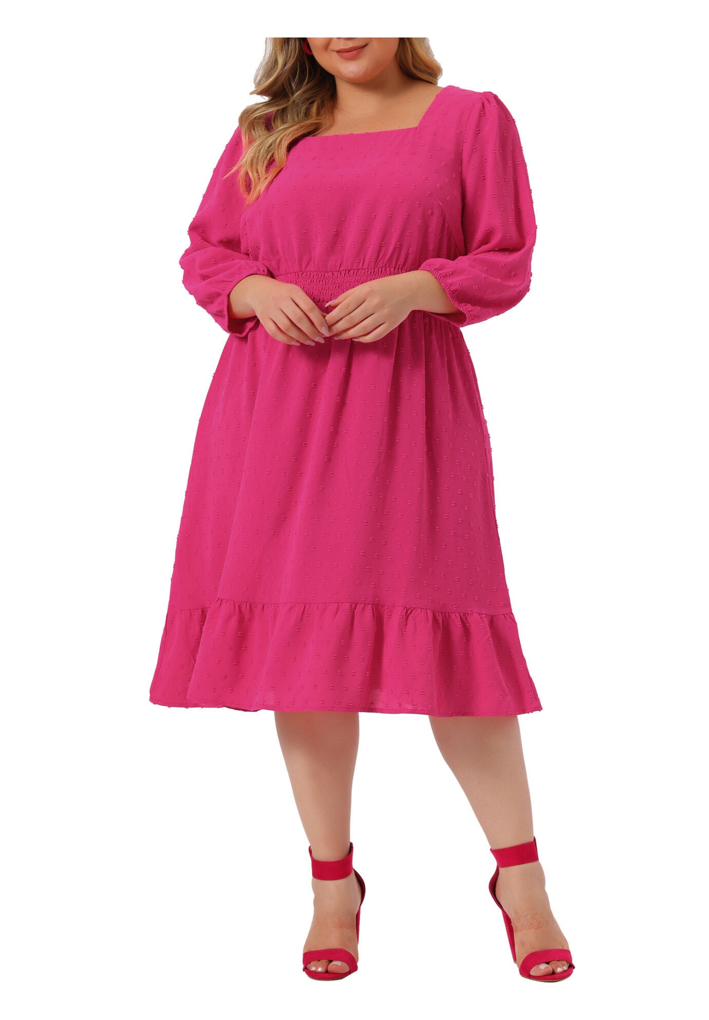 Swiss Dots Bohemian Square Neck Midi Chiffon Dress, Hot Pink / Deep Fuchsia, alternate image number 1