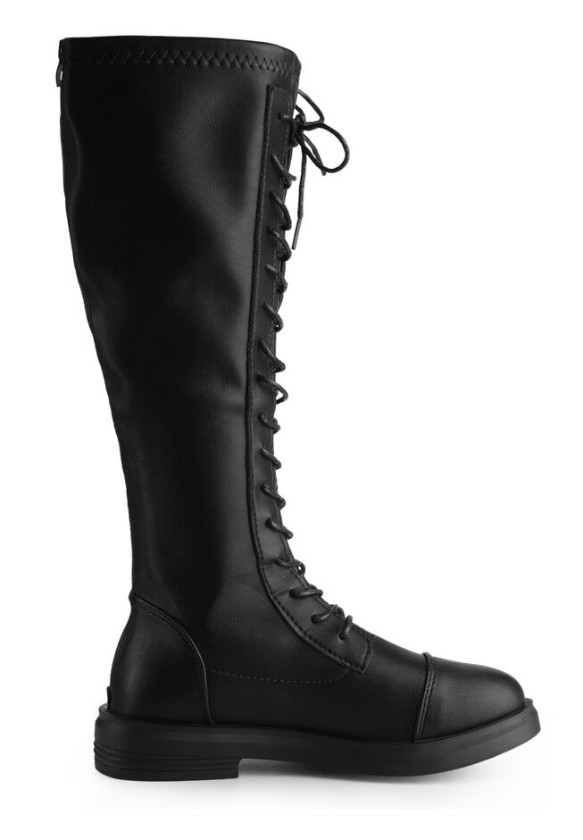 Lace Up Lug Sole Flat Low Heel Knee High Combat Boots, Black / Black, alternate image number null
