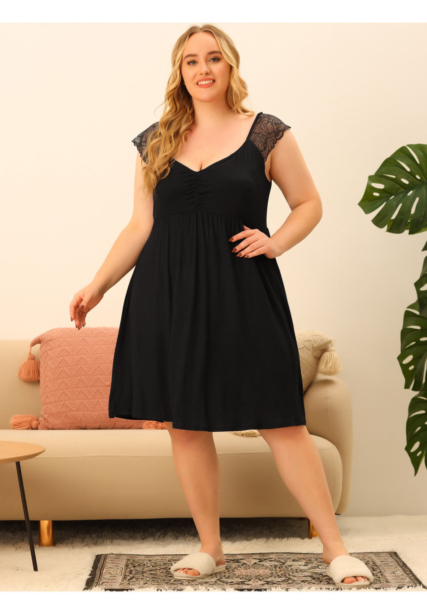 V NECK LACE CAP SLEEVE SLEEP DRESS, Black / Black, hi-res image number 0