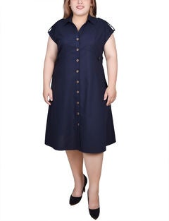Short Sleeve Button Front Linen Dress