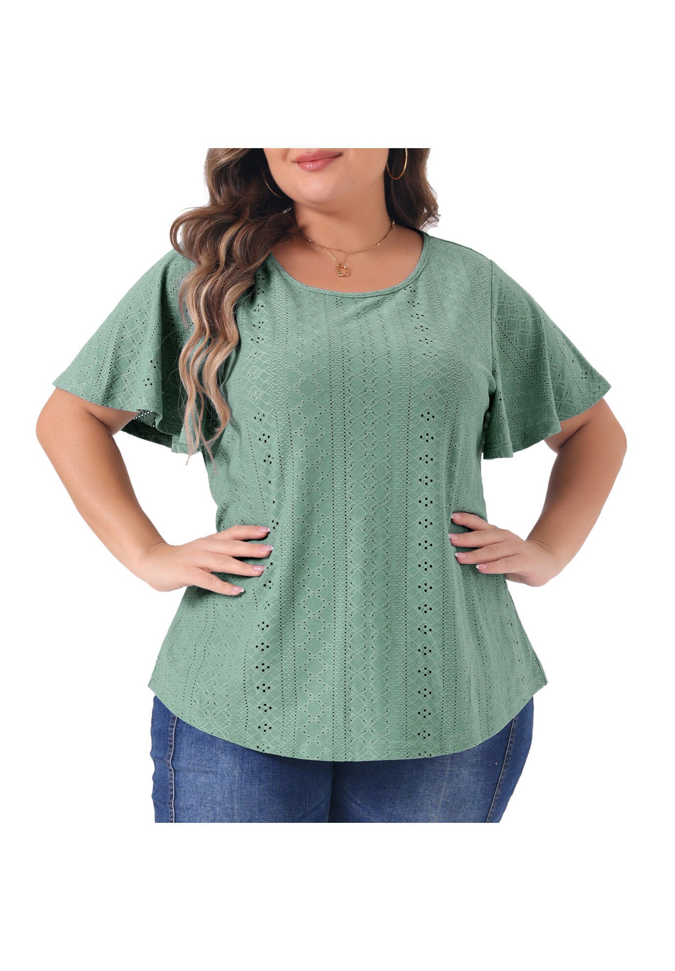V NECK LOOSE FIT RUFFLE SLEEVE SUMMER HOLLOW TOP, Green / Light Green, alternate image number 1