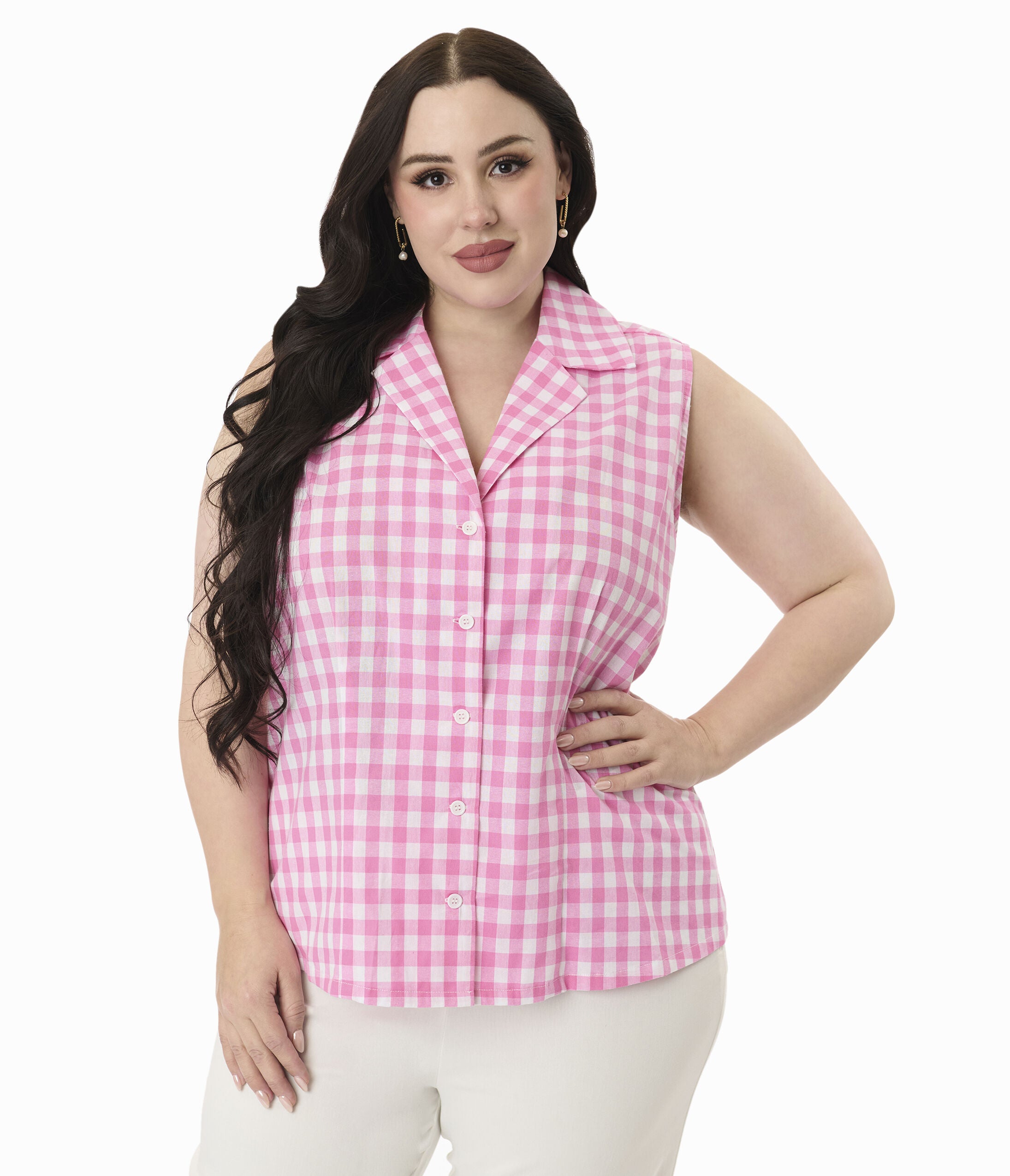 Unique Vintage Plus Size Pink & White Gingham Notched Collar Cotton Blouse, Pink / Pink, alternate image number 2