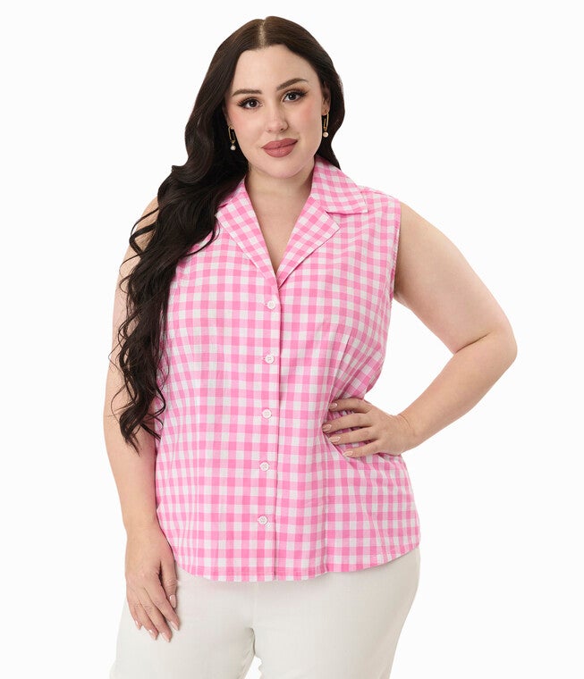 Unique Vintage Plus Size Pink & White Gingham Notched Collar Cotton Blouse, Pink / Pink, alternate image number 2