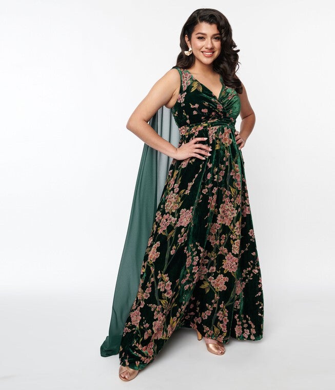 Unique Vintage Emerald & Cherry Blossom Velvet Cape Maxi Dress | Dia & Co Unique Vintage Emerald & Cherry Blossom Velvet Cape Maxi Dress | Dia & Co