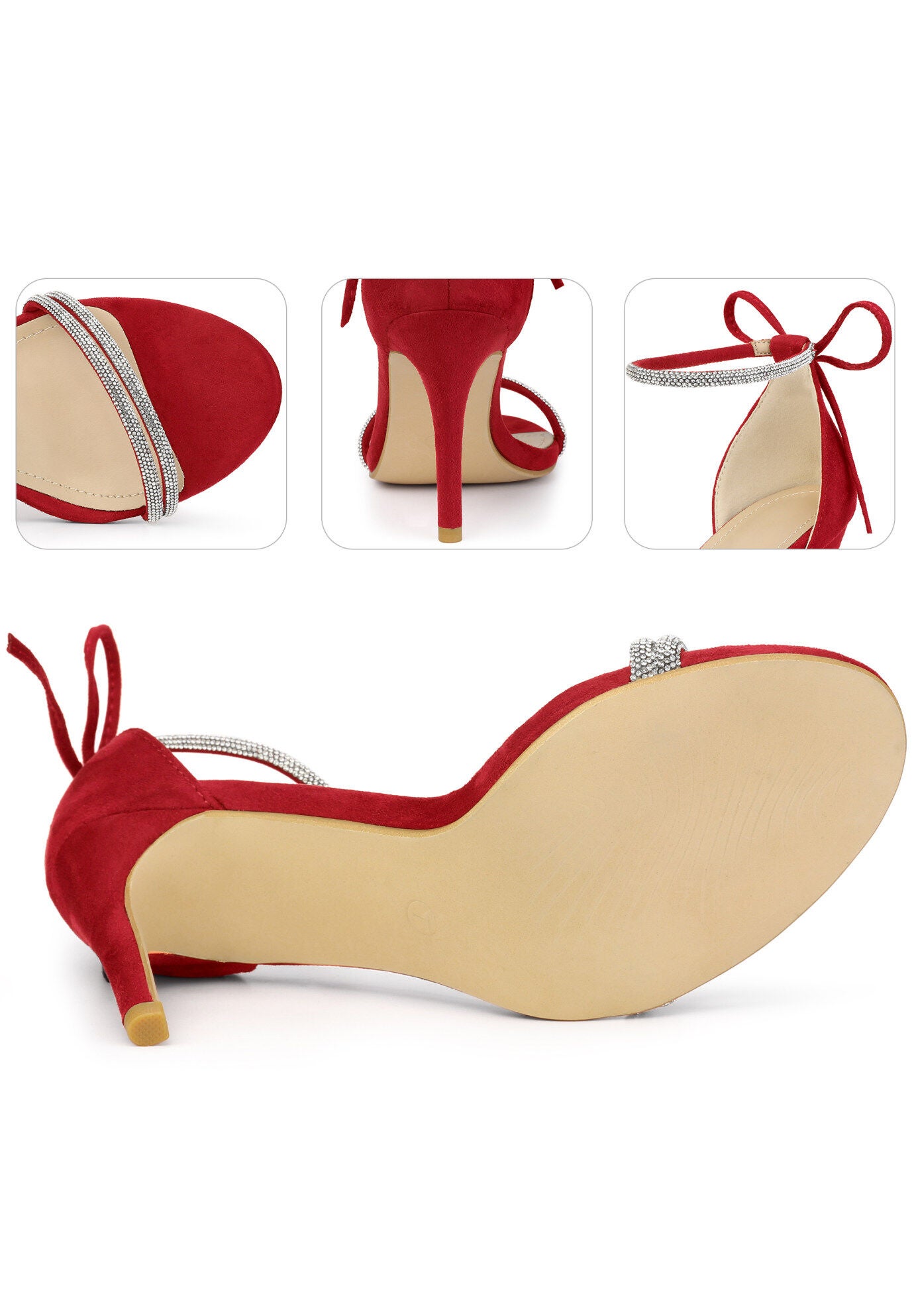 Rhinestone Ankle Tie Stiletto Heels Sandals, Red / Red, alternate image number 2