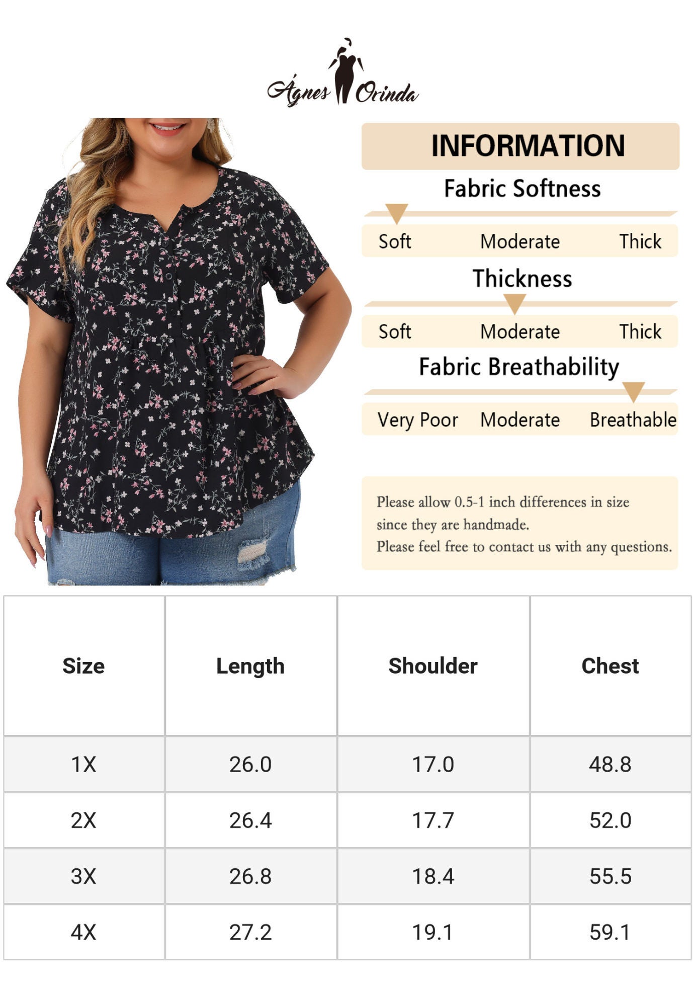 Summer Top Floral Half Placket Short Sleeve Casual Blouse, Black / Black, alternate image number 4