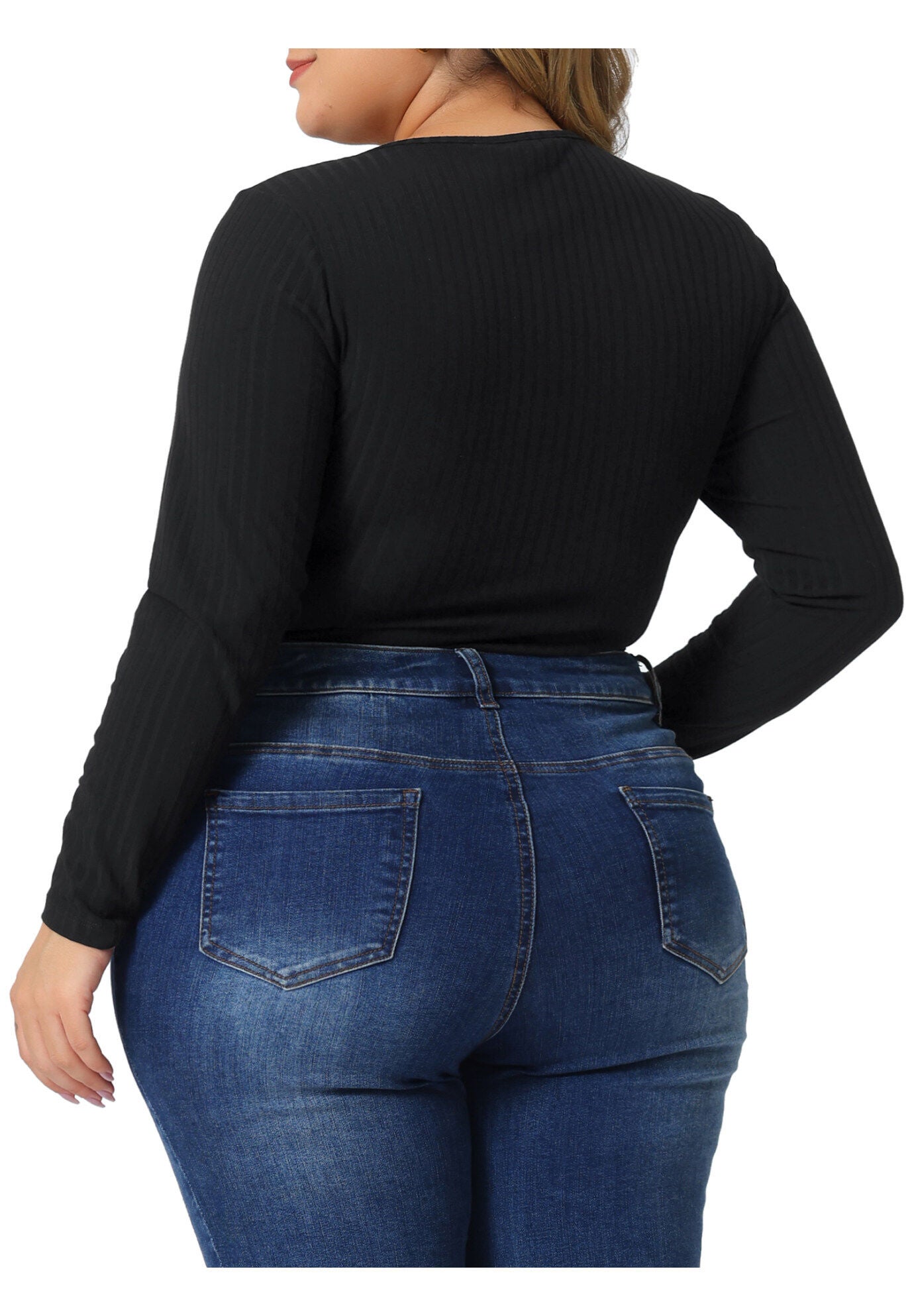 Ribbed Knit Zipper Deep V Neck Long Sleeve Top Bodysuit, Black / Black, alternate image number 3