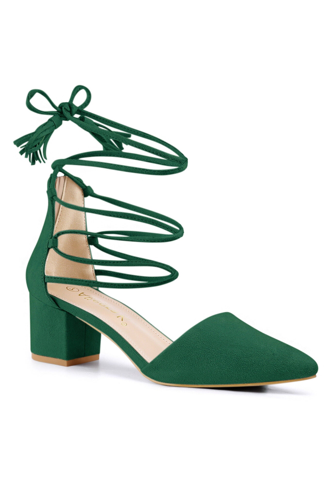 Pointed Toe Block Heels Lace Up Pumps, Emerald Green / Forest Green, hi-res image number 0