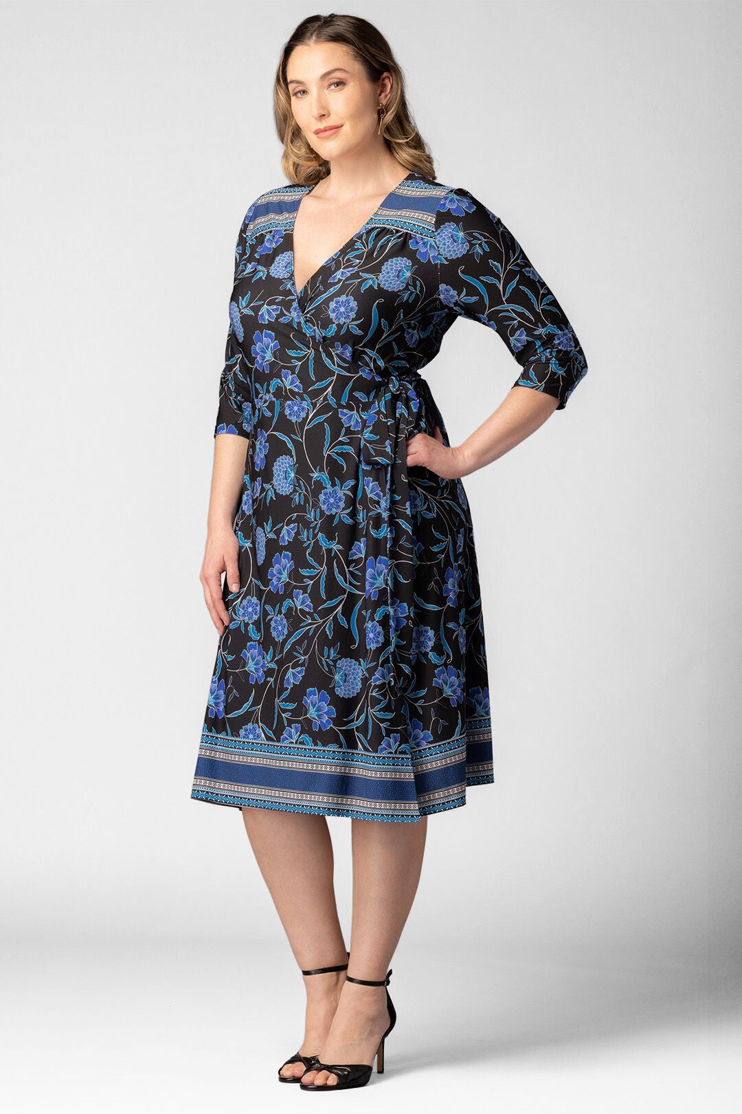 Beguiling Border Print Wrap Dress, Blue Border Print / Black, alternate image number 3