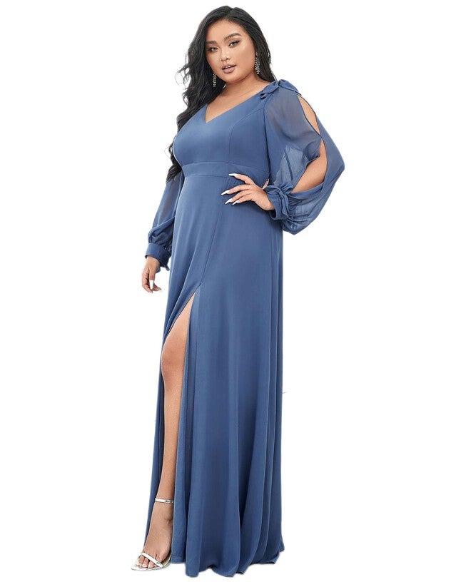 Open Lantern Sleeve A-Line Bridesmaid Dress, Dusty Navy / Dusty Blue, alternate image number null
