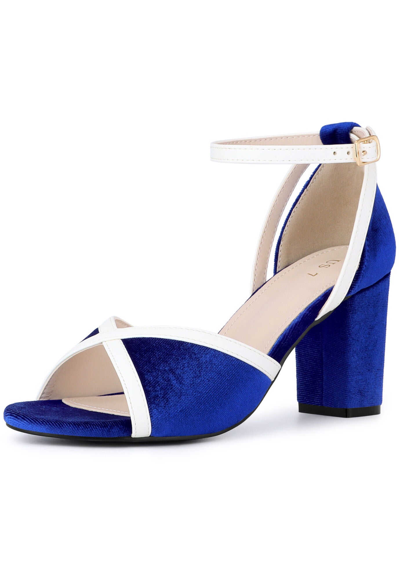 Velvet Open Toe Ankle Strap Chunky Heel Sandals, Royal Blue / Royal Blue, alternate image number 1