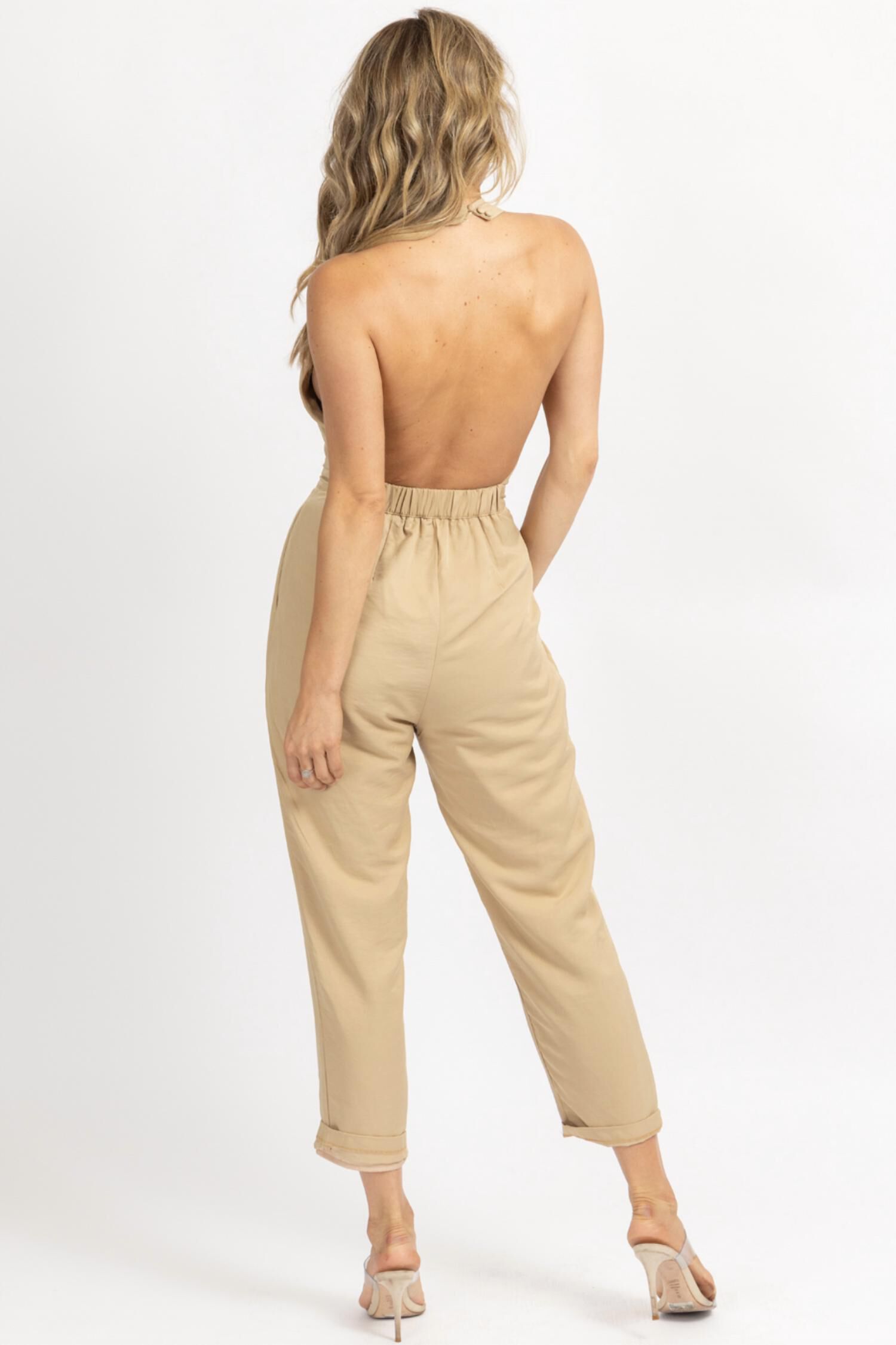 Halterneck Open Back Jumpsuit In Golden Beige, , alternate image number 4