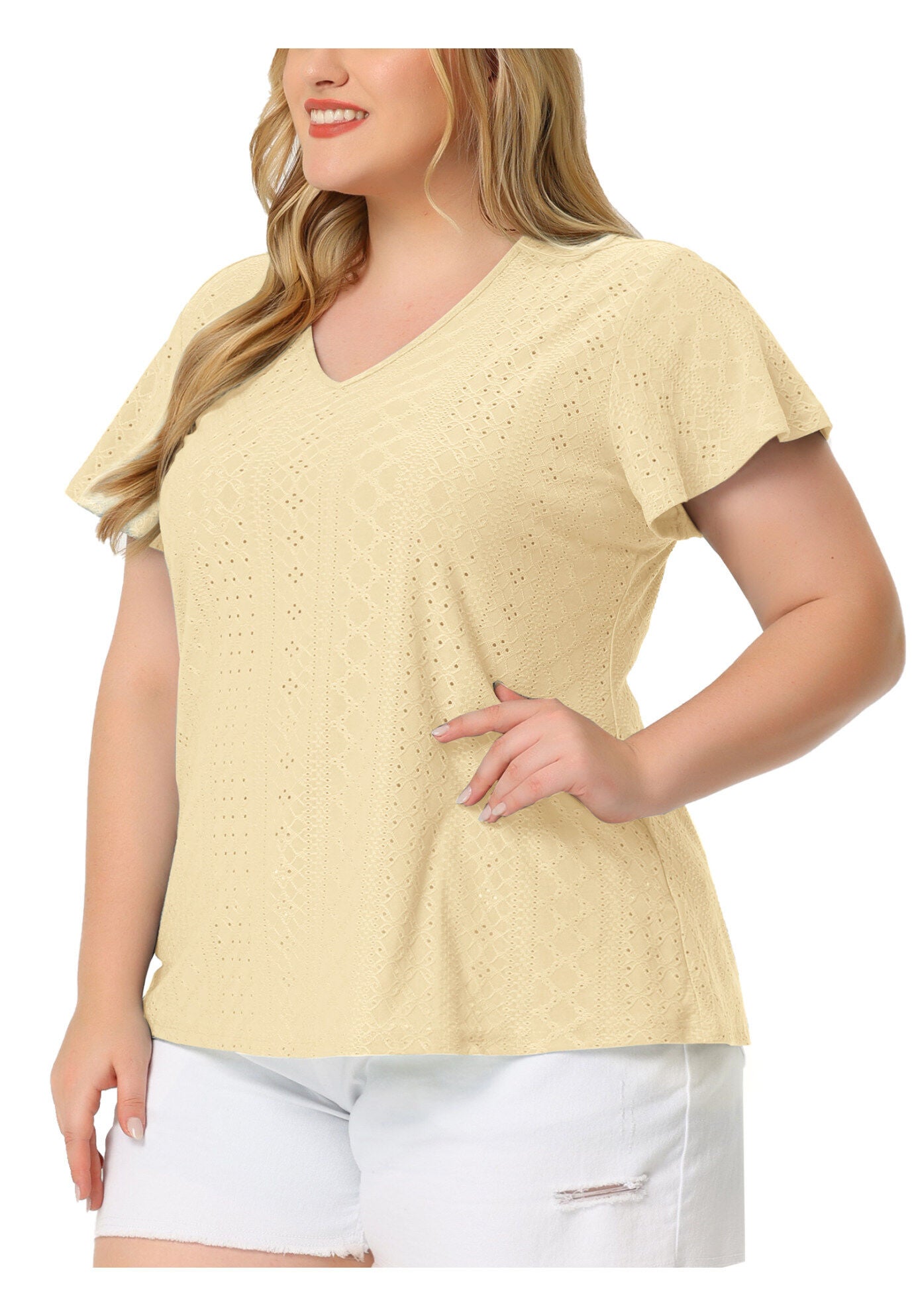 Summer Tee V Neck Hollow Flare Short Sleeve Casual Top Tunic, Yellow / Yellow, alternate image number 1
