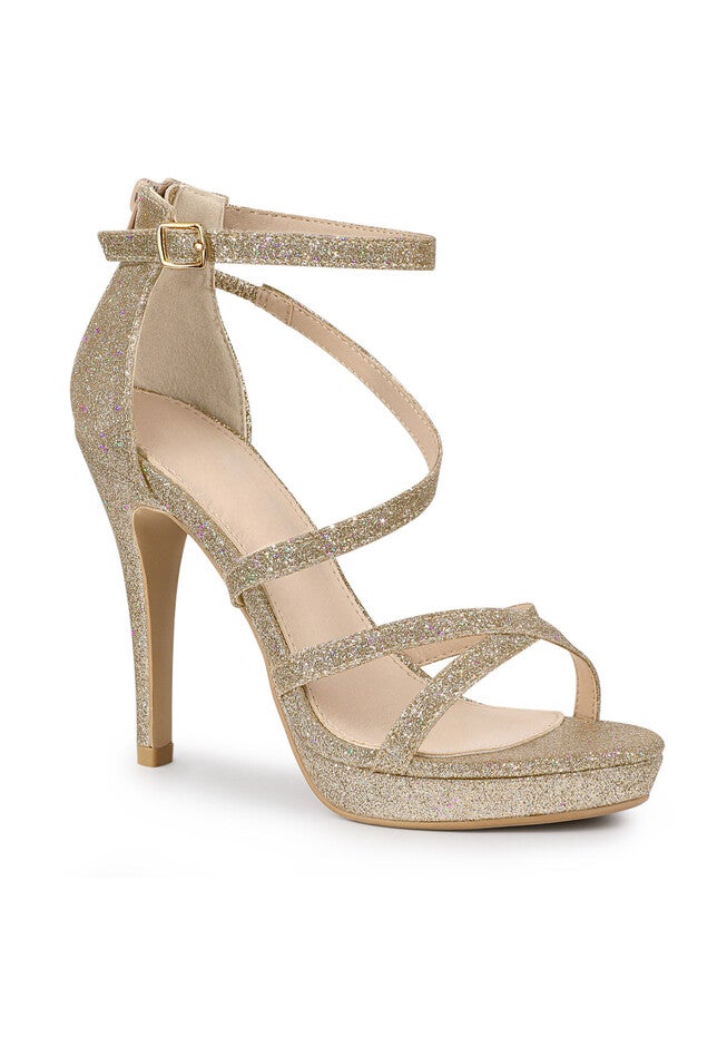 Platform Glitter Strappy Stiletto Heels Sandals, Gold / Gold, hi-res image number null