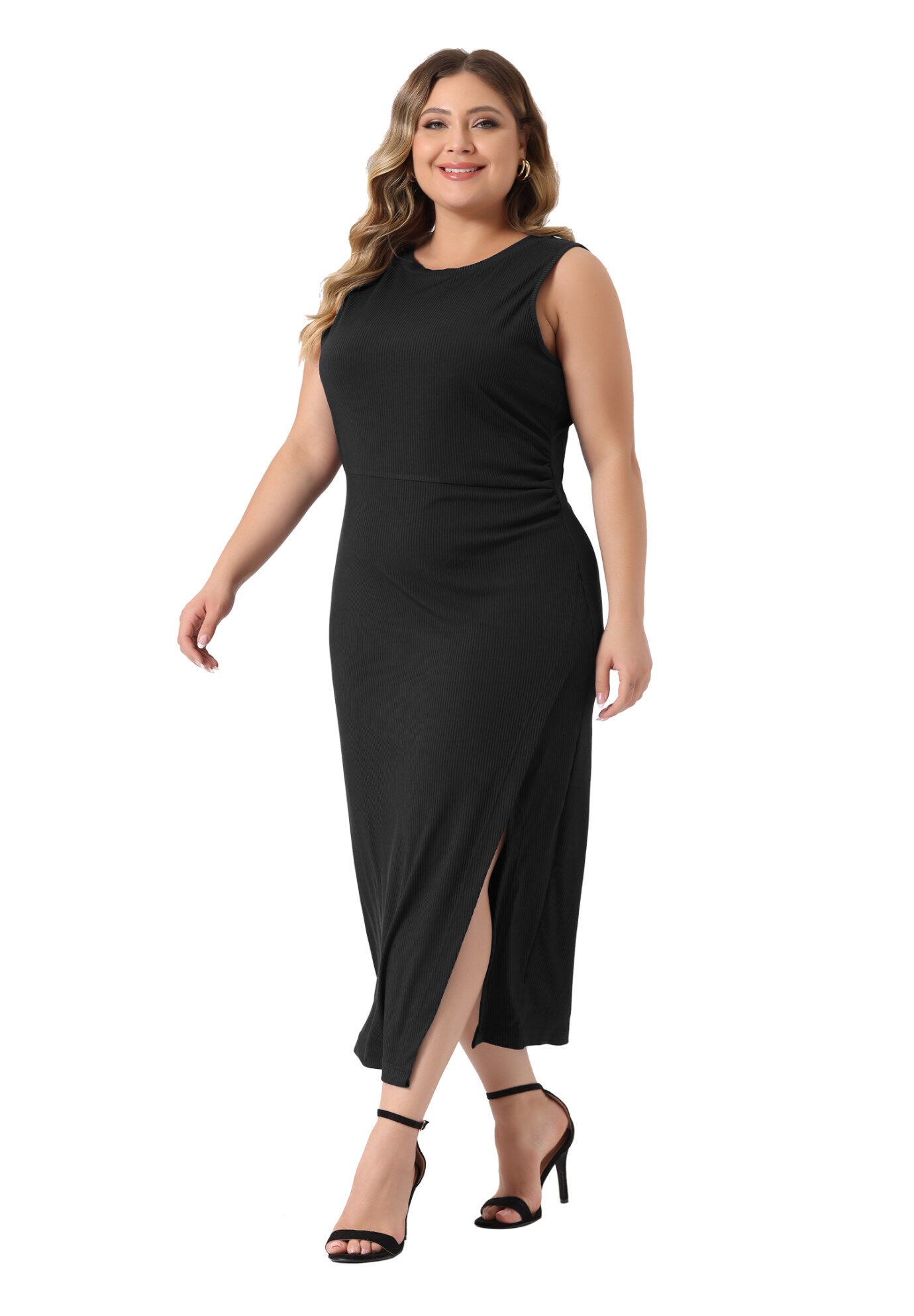 Knit Slit Tank Midi Ruched Sleeveless Bodycon Dress, Black / Black, hi-res image number 0