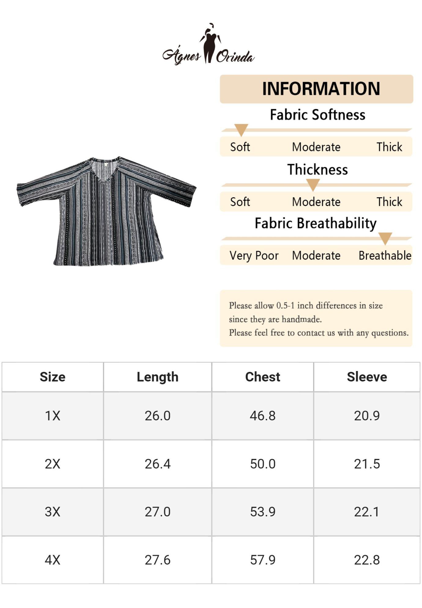 3/4 Sleeve Knit Blouse Tee Stripe Boho Top, Black / Black, alternate image number 4