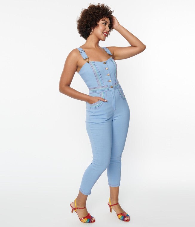 Unique Vintage Light Blue Rainbow Seamed Eartha Jumpsuit, , alternate image number null