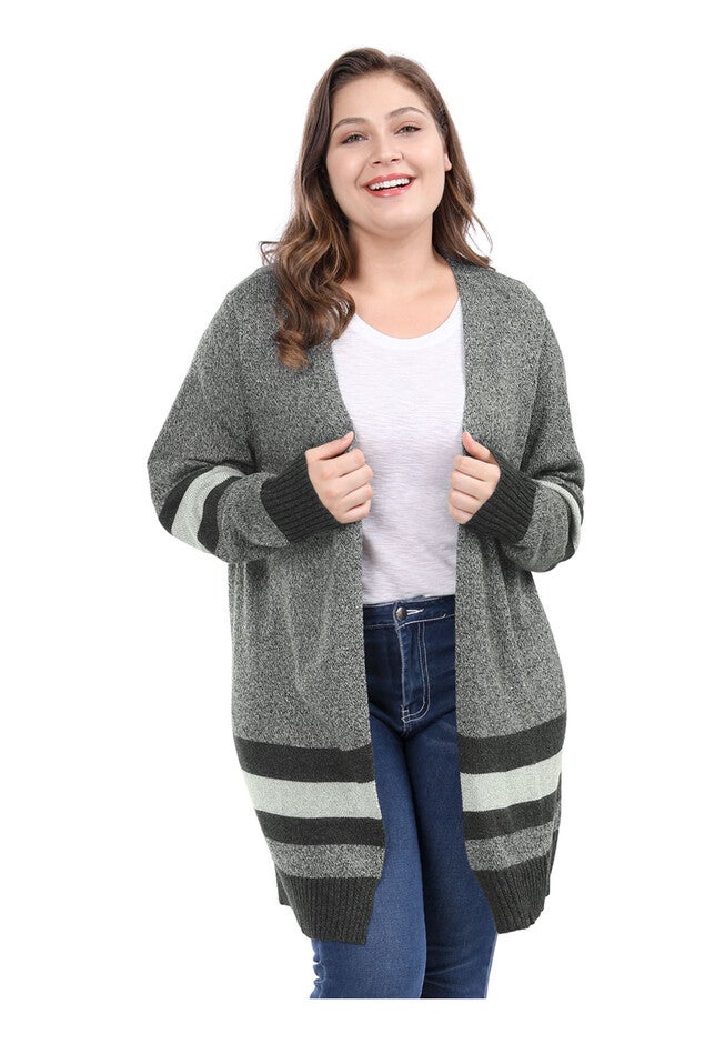 CONTRAST COLOR STRIPED OPEN FRONT KNIT SWEATER CARDIGAN, Black / Black, alternate image number 1