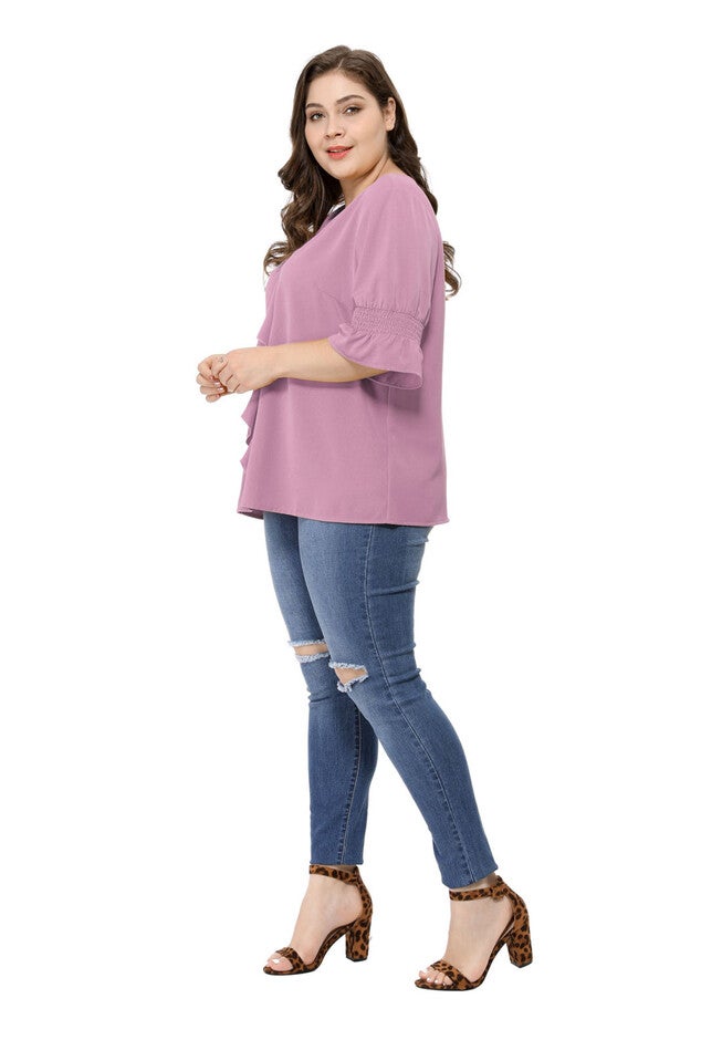 Ruffle Blouse V Neck Smocked Sleeves Top, Purple / Purple, alternate image number 3