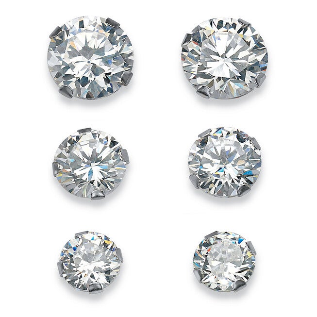 5.15 TCW Round Cubic Zirconia 10k White Gold Stud 3-Pairs Earrings Set, White / White, hi-res image number 0