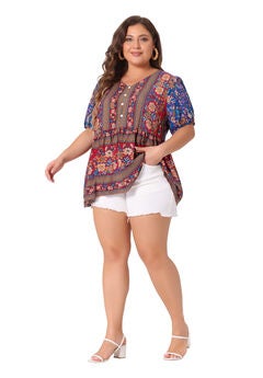 Boho Floral Print V Neck Peplum Loose Blouse