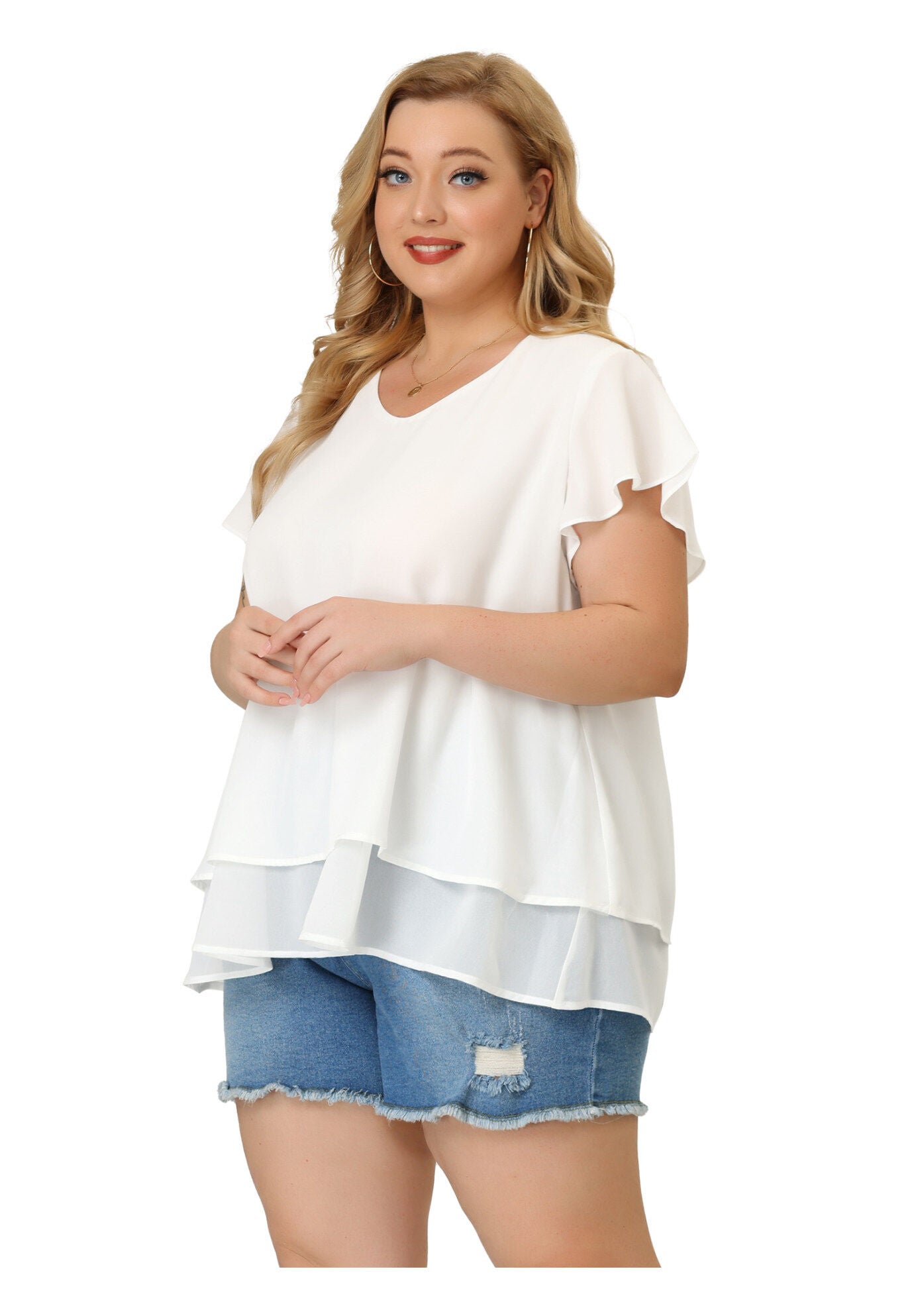 Summer Top Ruffle Short Sleeve V Neck Double Layered Hem Chiffon Blouse, White / White, alternate image number 3