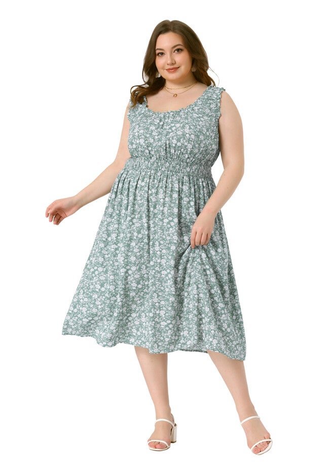 Square Neck Sleeveless Floral Flowy Stretchy Waist Midi Summer Dress, Green White / Light Green, hi-res image number null