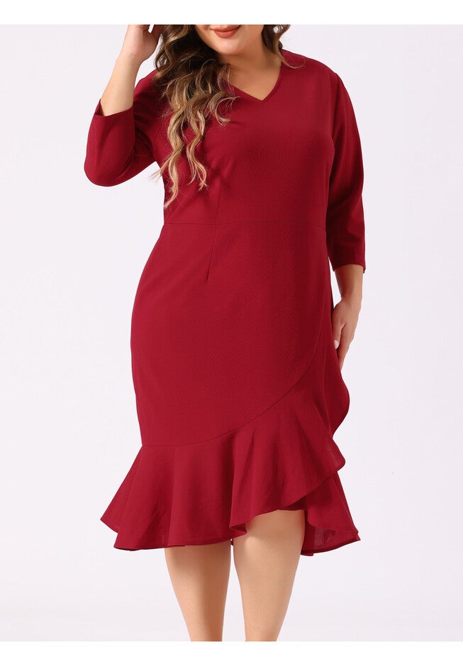 Ruffled 3/4 Sleeve Office Work Cocktail Wrap Dress, Red / Red, alternate image number 4