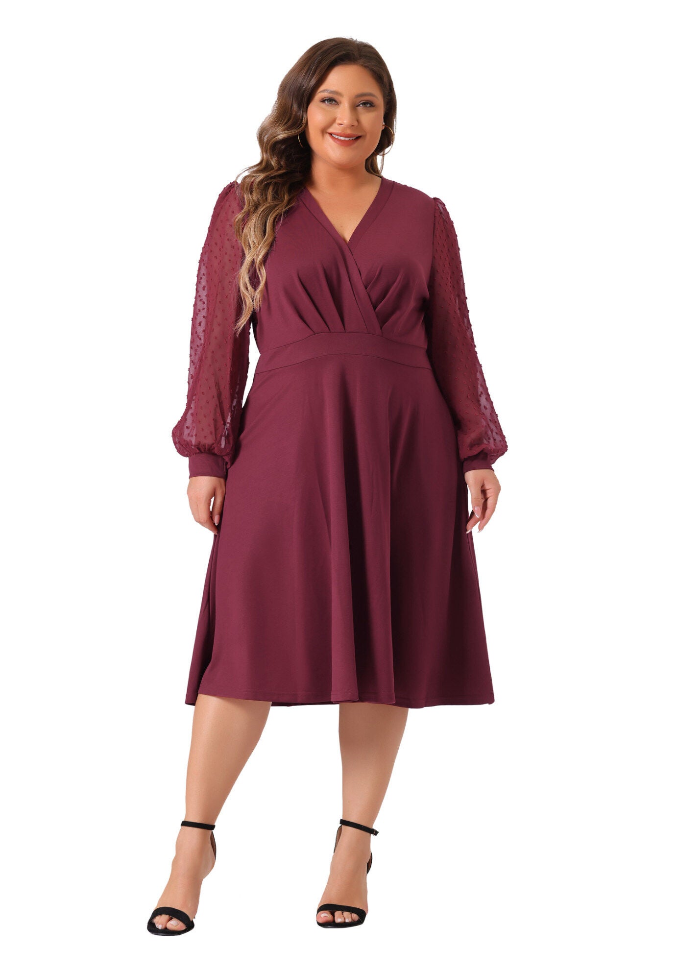 Long Sleeve Swiss Dots Formal Knee Length Dress, Burgundy / Burgundy, hi-res image number 0