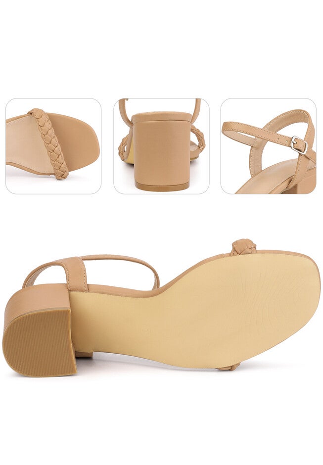 Square Toe Woven Braided Chunky Heel Sandals, Nude / Tan, alternate image number 3
