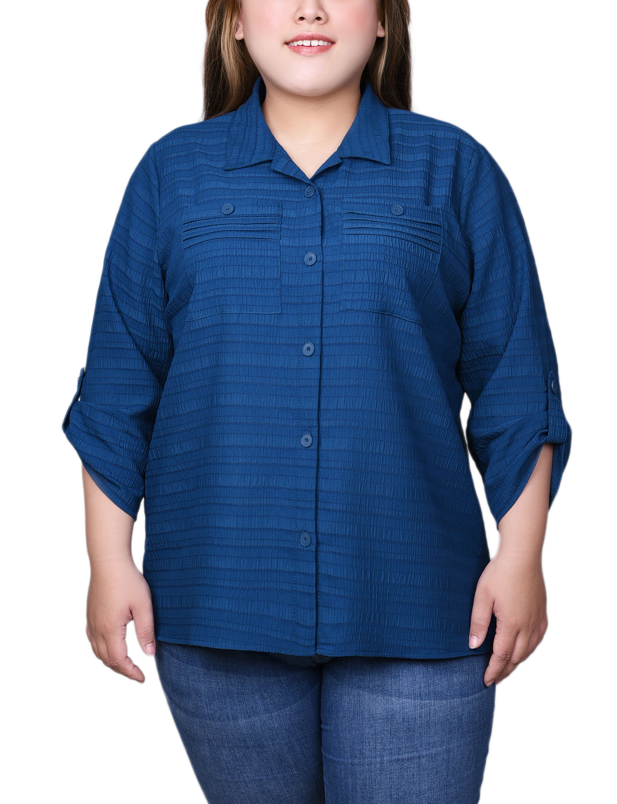 3/4 Sleeve Woven Jacquard Blouse, Gibraltar Sea, hi-res image number 0