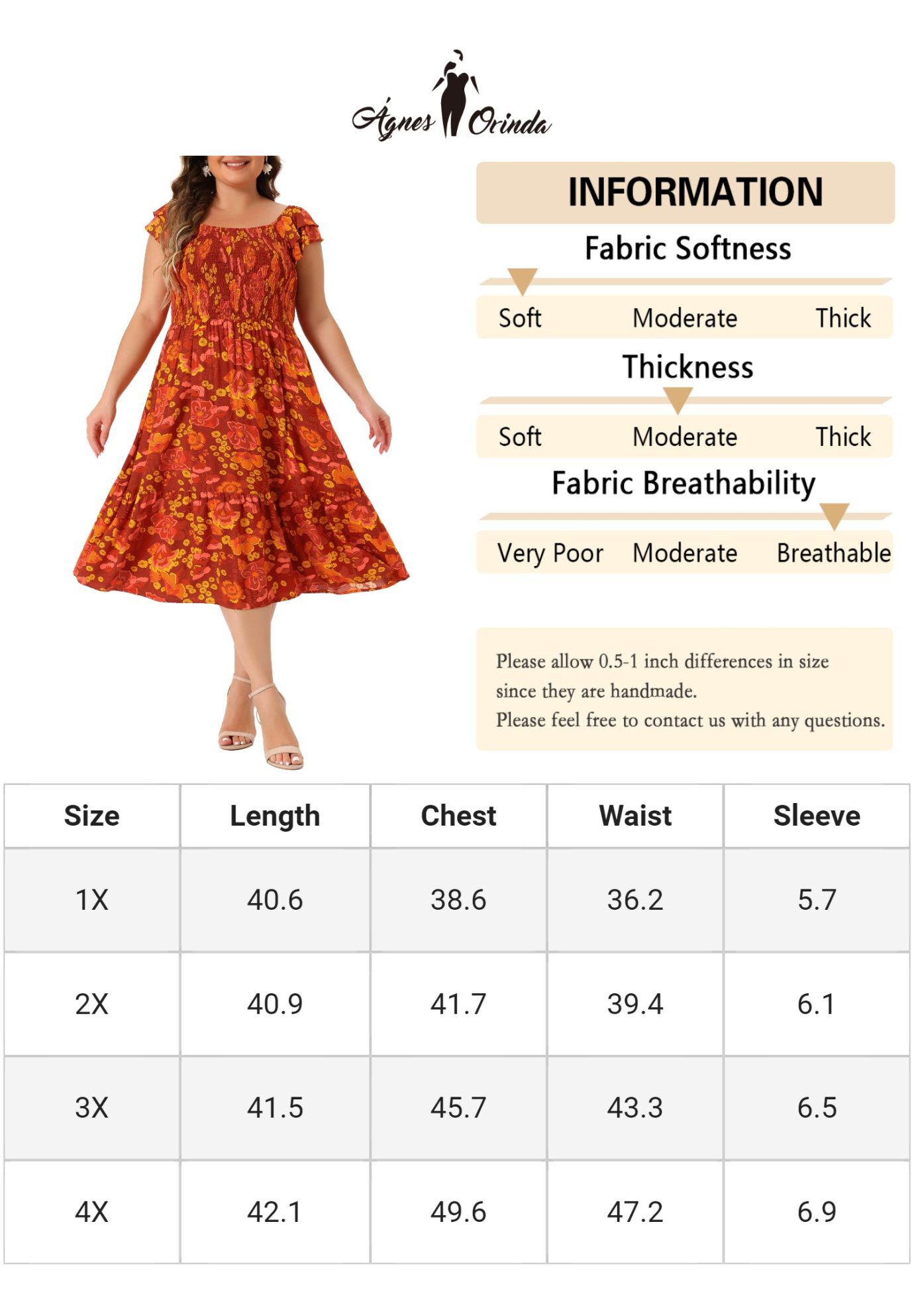 Square Neck Flutter Sleeve Smocked High Waist Flowy Summer Midi Dress, Brick Red / Red, alternate image number 4