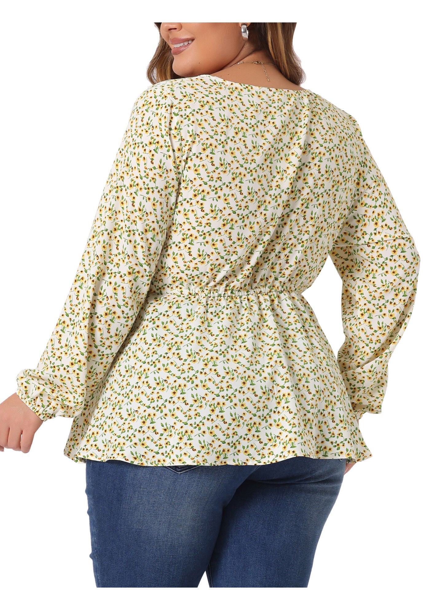 Floral Print Long Sleeves Belt Tie Ruffle Casual Peplum Top, Yellow / Yellow, alternate image number 3